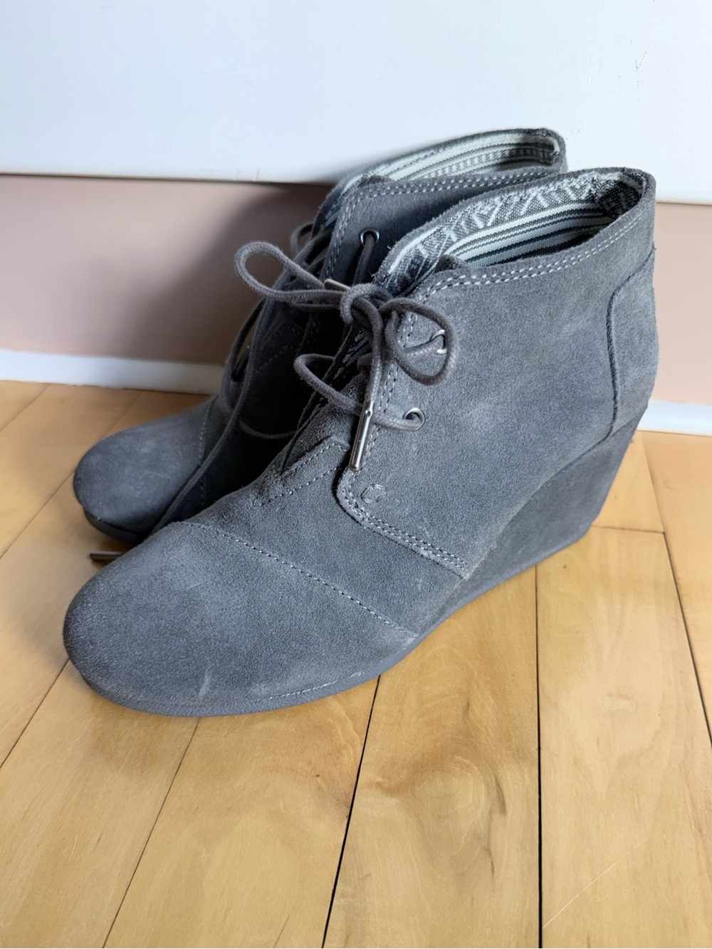 Toms Gray Suede Lace-Up Wedge Ankle Booties